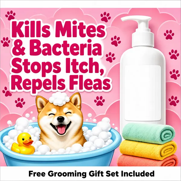 [Format]
Professional e-commerce product main image, square 1:1, playful pet-care advertising style in bubblegum pink with a joyful bath-time scene.

[Colors]
Bright pink background (#f7a8c4 range) with softer rose scallop shapes and drifting darker-pink paw prints; primary accent vivid magenta for the headline; a white product bottle; a white footer band closes the bottom; No frame border.

[Layout]
A slim white header bar with logo text runs across the top; the headline fills the upper-left in two stacked lines surrounded by paw icons; the white pump bottle stands at the right; the bathing dog occupies the lower-left in a blue tub with foam; rolled towels rest at the lower-right; the white footer band spans the bottom.

[Subject]
No people. A delighted tan-and-white Shiba Inu sitting in a light-blue bathtub heaped with white foam bubbles, mouth open in a happy grin with eyes squeezed shut, a foam dollop on its head; a yellow rubber duck floats at the tub edge; beside the tub, a stack of three rolled towels in mint, yellow and coral; a tall white pump bottle with a clean unbranded label stands ready at the right.

[Headline]
Upper-left in two lines of very heavy magenta display type with white outlines: "Kills Mites & Bacteria" and "Stops Itch, Repels Fleas", with scattered dark-pink paw prints around the lettering.

[Badges]
White footer band: a dark paw-print icon followed by "Free Grooming Gift Set Included" in bold dark caps.

[Mood]
Bubbly, cheerful and caring; candy-pink warmth with an irresistible happy-dog moment and clear pest-protection promises.