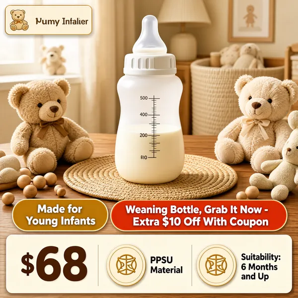 [Format] Professional e-commerce product main image, square 1:1, cozy nursery lifestyle photo with layered promo banners. [Colors] Warm cream and beige nursery tones (#efe4d0 range) in soft daylight; a wooden tabletop with plush teddy bears; a white bottle with milky contents; an orange-red pill banner (#e05a2b), golden-brown badge circles, and a cream bottom card. No frame border. [Layout] A logo tab sits top-left. The bottle stands centered on a woven mat on the wooden table with toys arranged around it. Two pill banners sit just above the bottom card: a golden badge pill on the left and an orange banner on the right. The wide cream card below carries the price at left and two fact chips at right. [Subject] A wide-bodied baby bottle with a white screw collar and translucent silicone nipple, half filled with milk and marked with measurement lines, standing on a round woven placemat among teddy bears, wooden beads and soft toys. [Headline] A golden-brown pill reads Made for Young Infants, while the orange banner beside it urges Weaning Bottle, Grab It Now - Extra $10 Off With Coupon. The cream card shows a price of $68 beside two medallion chips. [Badges] One cream circle chip reads PPSU Material with a bold character medallion, and a second marks Suitability: 6 Months and Up. [Mood] Warm, tender and homely, bathed in soft morning light that reassures new parents.