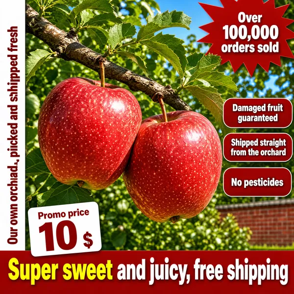 [Format]
Professional e-commerce product main image, square 1:1, realistic orchard close-up with stacked red promo overlays.

[Colors]
Background a real sunlit apple-branch scene of greens and sky blues, primary accent deep red (#c8281e), secondary white, cream and bright yellow accents on ribbons, red bottom banner. No frame border.

[Layout]
A vertical white ribbon runs down the left edge. A small red burst sits top-right. Three red rounded pills stack along the right-middle. Bottom-left holds a white price card with red text, and a full-width red banner closes the bottom edge. Two huge glossy apples fill the center frame on a branch.

[Subject]
Two ripe red-blushed apples hanging from a leafy branch, speckled skin catching sunlight, blurred orchard foliage and a distant brick wall behind, natural bokeh depth of field.

[Headline]
Left vertical white ribbon with red characters reading "Our own orchard, picked and shipped fresh". Top-right red burst in white: "Over 100,000 orders sold". Right pills in white text: "Damaged fruit guaranteed", "Shipped straight from the orchard", "No pesticides". Bottom-left card: "Promo price" with a giant red "10" and currency symbol. Bottom red banner in yellow and white: "Super sweet and juicy, free shipping".

[Badges]
Left vertical ribbon, red corner burst, three right-side pills, red bottom banner with white price card.

[Mood]
Sun-ripened harvest confidence, bold and direct, straight-from-the-tree freshness.