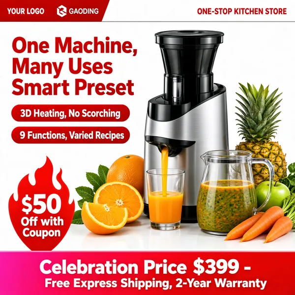 [Format]
Professional e-commerce product main image, square 1:1, energetic multi-function kitchen appliance style.

[Colors]
White ground; a silver-and-black juicer; red headline type with brown accent blocks; red feature pills; a pink-to-red banner along the bottom; fresh orange, green and pineapple accents.

[Layout]
A white header band holds a red brand chip and a YOUR LOGO placeholder at the left with a red store line at the right; the two-line headline sits upper-left with red pills beneath; the juicer occupies centre-right ringed by fruit; a red flame coupon burst sits lower-left; a red price bar crosses the bottom.

[Subject]
A silver slow-masticating juicer with a black hopper dispensing fresh orange juice into a glass, surrounded by a pineapple, halved oranges, carrots, an apple and a jug of mixed vegetable juice. No people.

[Headline]
"One Machine, Many Uses" and "Smart Preset" in heavy red; pills: "3D Heating, No Scorching" and "9 Functions, Varied Recipes"; flame burst: "$50 Off with Coupon"; bottom bar: "Celebration Price $399 - Free Express Shipping, 2-Year Warranty".

[Badges]
The red corner chip with the Gaoding design mark and a white YOUR LOGO placeholder at the top.

[Mood]
Energetic, fresh and function-packed; juicy produce colours framing the hero machine.