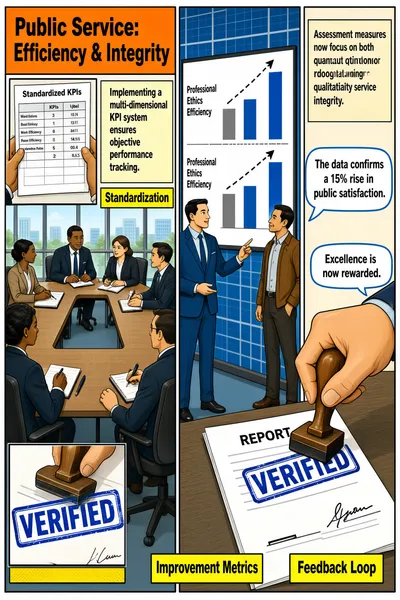 The infographic, titled "Public Service: Efficiency & Integrity," is structured as a three-panel comic-style visual narrative, using clean, professional illustrations with a corporate aesthetic. Each panel highlights a distinct phase in implementing a performance management system for public service, emphasizing objectivity, measurable outcomes, and accountability.

**Panel 1: Standardization**
- **Title/Heading**: "Public Service: Efficiency & Integrity" appears in bold black text on an orange rectangular banner at the top left.
- **Visual Layout**: A meeting room scene shows six professionals seated around a U-shaped conference table, engaged in discussion. One person holds papers, while others take notes or listen attentively. The setting includes large windows with grid patterns, suggesting a modern office environment.
- **Inset Image**: A close-up inset on the left shows hands holding a document labeled "Standardized KPIs," featuring a table with rows and columns (though content is not legible).
- **Text Content**: 
  - A yellow box in the upper right contains the statement: "Implementing a multi-dimensional KPI system ensures objective performance tracking."
  - Below this, a highlighted yellow label reads: "Standardization."
- This panel introduces the foundational step of establishing uniform Key Performance Indicators (KPIs) to ensure consistent, objective evaluation across public service roles.

**Panel 2: Improvement Metrics**
- **Visual Layout**: A presentation scene where one man in a blue suit points at a large screen displaying a bar chart. Another man in a brown jacket observes from the side. The background features a blue grid pattern.
- **Chart Type**: A vertical bar chart with two categories on the y-axis: "Professional Ethics" and "Work Efficiency." Each category has two bars — a lighter blue bar representing a baseline and a darker blue bar showing improvement. Dashed lines indicate growth between the two bars.
- **Data Encoding**: While exact numerical values are not labeled on the axes, the visual height difference suggests significant improvement. The chart visually communicates increased performance in both qualitative and quantitative dimensions.
- **Text Content**:
  - A beige box on the left states: "Assessment measures now focus on both quantitative results and qualitative service integrity."
  - A yellow label below it reads: "Improvement Metrics."
  - A speech bubble from the presenter says: "The data confirms a 15% rise in public satisfaction."
- This panel emphasizes that assessments now combine hard metrics (quantitative) with ethical standards (qualitative), resulting in tangible improvements reflected in public satisfaction.

**Panel 3: Feedback Loop**
- **Visual Layout**: A close-up of a hand stamping a document with a rubber stamp that reads "VERIFIED" in blue ink. The document is titled "REPORT" and includes a signature line. An inset image on the lower left shows a zoomed-in view of the stamped "VERIFIED" seal.
- **Text Content**:
  - A beige box at the top left states: "Final results are linked to promotion and training, closing the accountability loop."
  - A yellow label below it reads: "Feedback Loop."
  - A speech bubble from the hand-stamping figure says: "Excellence is now rewarded."
- This final panel demonstrates the closure of the performance cycle, where verified results directly influence career development and training opportunities, reinforcing a culture of excellence and accountability.

**Overall Style and Structure**:
The infographic uses a sequential, story-driven format with clear visual metaphors (meeting, presentation, stamping) to convey a process. Color coding is used consistently: orange for the main title, yellow for section labels, and blue for data visualization and official seals. Text is presented in clean, sans-serif fonts for readability. The combination of narrative panels, charts, and symbolic actions effectively communicates a comprehensive framework for improving public service through structured performance management.