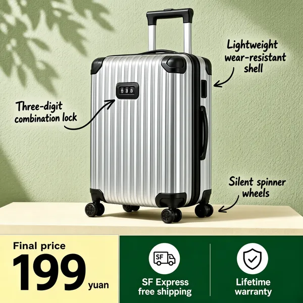 [Format]
Professional e-commerce product main image, square 1:1, clean travel-gear advertising style with annotation callouts and a fresh green backdrop.

[Colors]
A soft sage-green textured wall (#a8c39a range) with dappled leaf shadows; the silver-and-black suitcase is the hero; a cream podium at the base; a pale-yellow price block and a green bottom band. No frame border.

[Layout]
The suitcase stands angled on a cream plinth centre-left, rendered large. Three hand-style annotations with curved black arrows point at features: one on the left, one upper right, one lower right. The bottom quarter splits into a cream price card on the left and a green service band on the right with two white icon chips.

[Subject]
A silver ribbed hard-shell carry-on suitcase with black corner guards, a telescopic handle, a black side handle and four black spinner wheels, shown in three-quarter view standing on its wheels; crisp product light with a soft cast shadow on the plinth.

[Headline]
Annotations in dark characters with arrow doodles: "Three-digit combination lock" pointing at the lock, "Lightweight wear-resistant shell" at the shell, "Silent spinner wheels" at the wheels. Cream card: "Final price 199 yuan" with "199" huge in black. Green band: "SF Express free shipping" and "Lifetime warranty" in white, each beside a small circular icon.

[Badges]
Two small white circular icons inside the green service band.

[Mood]
Practical, tidy and trip-ready; fresh sage calm with confident silver hardware, annotation-led clarity at thumbnail size.