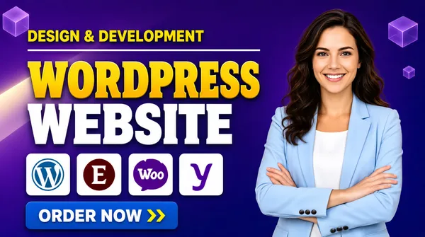 [Format]
Professional Fiverr gig cover, landscape 16:9 banner, clean flat corporate advertising style on a violet gradient. No watermark, no personal names.

[Layout]
A smooth violet-to-indigo gradient background with faint floating translucent cubes and soft light sweeps. The left half is the headline stack ending in a logo row and button; the subject occupies the right third and bleeds off the bottom edge.

[Subject]
Right third, cropped at the waist: a young white / Caucasian woman with long wavy dark-brown hair, wearing a pale sky-blue blazer over a white top, arms folded, smiling brightly at the camera. Soft studio light, clean cut-out against the gradient.

[Headline]
On the left: "DESIGN & DEVELOPMENT" in bold yellow caps with a thin white rule running under it across the frame; then "WORDPRESS" in enormous heavy slab-serif caps with a golden-yellow gradient; then "WEBSITE" in enormous heavy white sans-serif caps. Below, a row of four white rounded square tiles with soft shadows, each holding a platform logo: the blue WordPress roundel, the dark-red circular Elementor "E", the purple "Woo" WooCommerce mark, and a purple tile with a green lowercase "y" mark. At the bottom-left, a solid blue rounded button carrying "ORDER NOW" in white caps with two yellow right-chevrons.

[Graphic accents]
Faint translucent 3D cubes drift in the upper corners of the gradient, and a soft diagonal light band crosses behind the headline.

[Mood]
Friendly, corporate and dependable; one calm violet gradient with warm gold display type, tidy white logo tiles and an approachable human presence on the right.