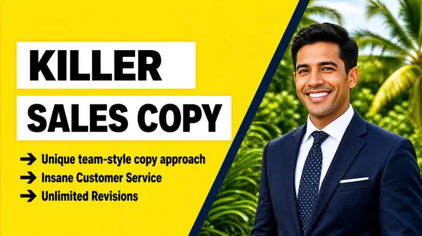 [Format]
Landscape 16:9 gig cover, bold split-screen marketing graphic with flat color and photo. Clean vector finish. No watermark, no personal names.

[Layout]
The frame is split by a sharp diagonal: the left two-thirds is a flat bright yellow panel, the right third shows a photo of a suited man against tropical foliage. Two white horizontal bars with black type sit on the yellow side, with a bulleted list beneath. The diagonal divider creates dynamic tension.

[Subject]
A smiling man in a navy suit jacket, white shirt and dotted tie, framed from the chest up on the right side, photographed outdoors with palm trees and greenery behind him. Bright daylight, looking slightly off-center.

[Headline]
Upper white bar: "KILLER" in large black bold sans capitals. Lower white bar: "SALES COPY" in the same black bold sans. Beneath, three left-aligned lines preceded by small arrow bullets read "Unique team-style copy approach", "Insane Customer Service", and "Unlimited Revisions" in dark sans.

[Badges]
none

[Mood]
High-energy yellow and navy palette with clean black type; bright, modern and sales-focused. The diagonal split makes the cover read quickly as a professional service offer.