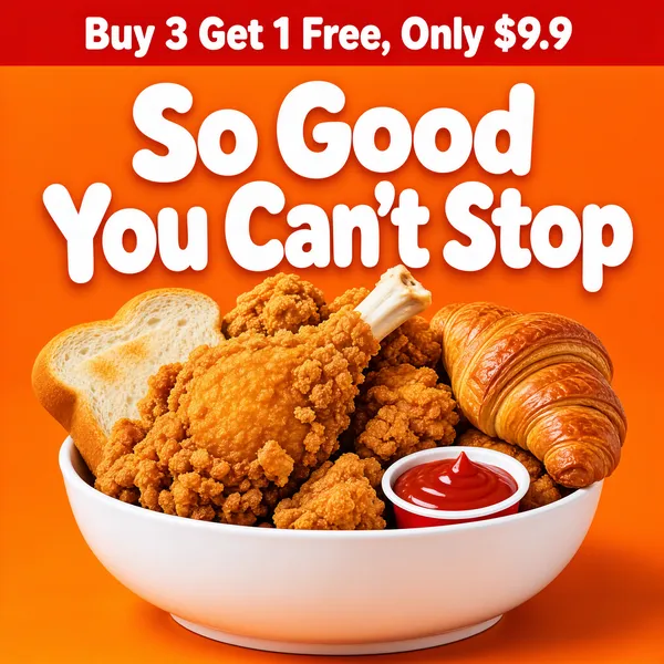[Format]
Professional e-commerce product main image, square 1:1, snack combo shot of crispy fried chicken, drumstick, bread slices and a croissant overflowing from a white bowl on a bold orange background.
[Colors]
Vivid orange backdrop, golden fried tones, white playful display type, red promo banner on top.
[Layout]
Playful two-line headline dominating the upper half, food pile across the lower half, red offer banner at the very top.
[Subject]
Fried chicken pieces, crispy drumstick, soft bread and croissant with a small ketchup dip.
[Headline]
"So Good You Can't Stop".
[Badges]
Top banner reading "Buy 3 Get 1 Free, Only $9.9".
[Mood]
Fun, indulgent and crave-worthy, snack-time value promotion energy.