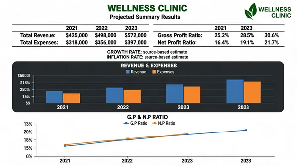 [Format]
Landscape 16:9 gig cover presented as a full-bleed screenshot of a spreadsheet financial summary report. Clean document finish: white paper, black text, thin rules, two chart panels. No watermark, no personal names.

[Layout]
A white report page fills the frame edge to edge. The top strip holds a centred two-line client title with a small green clinic-style logo lockup at the top-right corner, closed by a thin horizontal rule. The upper half holds two compact financial tables, each with year columns 2021 / 2022 / 2023 separated by black horizontal rules and left-hand row labels. The lower half holds a dark grey rounded panel with a clustered blue-and-orange bar chart, and beneath it a white panel with a flat blue-and-orange line chart. Vertical rhythm is dense and report-like; no photography anywhere.

[Subject]
none — pure document mockup.

[Headline]
Top-centre: a wellness-clinic client name in dark green bold text above "Projected Summary Results" in smaller black text. Table rows read, in order: "Total Revenue:" with dollar figures, "Total Expenses:" with dollar figures, then a second table with "Gross Profit Ratio:" and "Net Profit Ratio:" percentages, all right-aligned under the 2021/2022/2023 headers. Two small grey source-URL lines follow, labelled "GROWTH RATE:" and "INFLATION RATE:". The chart panels are titled "REVENUE & EXPENSES" in white caps on the dark panel and "G.P & N.P RATIO" in grey caps on the white panel, each with a small legend.

[Badges]
A small green leaf-and-text clinic logo lockup at the top-right, generic in style.

[Mood]
White and black with green accents and blue-and-orange Excel-style charts — dry, credible, accountant-grade. At thumbnail size it reads unmistakably as a real financial-model excerpt.