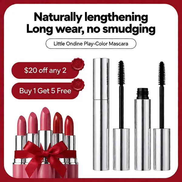 [Format]
Professional e-commerce product main image, square 1:1, bold red-frame cosmetics promo with glossy silver product shots.

[Colors]
White #ffffff background inside a deep-red #b8232f rounded border; red banner accents with white type; silver and black product tones with a pink lipstick row; no frame border beyond the red frame.

[Layout]
Headline stack across the top; a thin outlined pill beneath; offer banners mid-left; three mascara tubes standing on the right; a row of lipsticks tied with ribbon at the lower left.

[Subject]
On the right, a silver cylindrical mascara tube standing upright with its spiral brush lifted out beside it, plus a closed tube and an open tube showing the black wand; lower left, five glossy lipsticks in pink-to-red shades standing upright, tied together with a red ribbon bow.

[Headline]
Top, two heavy black lines: "Naturally lengthening" and "Long wear, no smudging"; beneath, a thin outlined pill "Little Ondine Play-Color Mascara" in small black. Mid-left red rounded banners with white text: "$20 off any 2" and "Buy 1 Get 5 Free", each with a small red seal mark at the end.

[Mood]
Striking, gift-ready and persuasive; festive red framing with metallic product shine and bundle savings.
