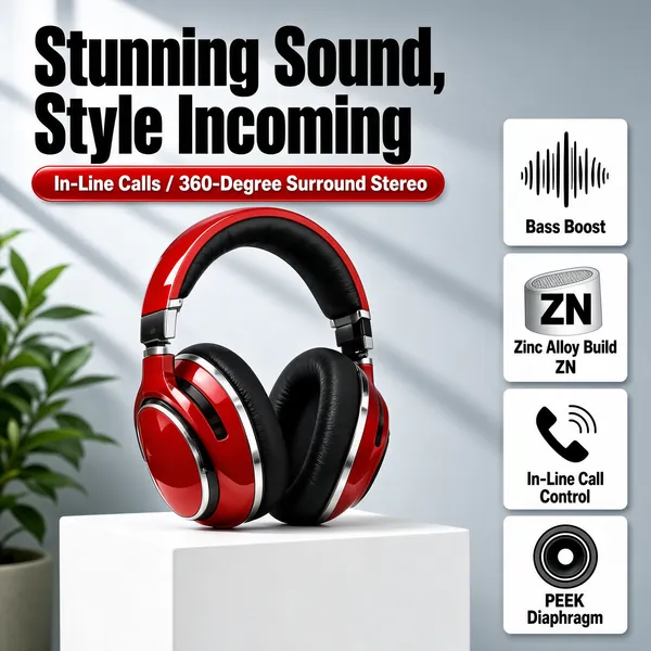 [Format]
Professional e-commerce product main image, square 1:1, punchy spec-driven audio retail on a cool grey studio wall with glossy red headphones and icon tiles.

[Colors]
Cool grey studio wall with soft window-light streaks; glossy red headphone shells with black cushions and silver rings; heavy black display type; a red ribbon pill; white feature tiles on the right; a green plant at the left edge.

[Layout]
A two-line headline spans the top with a red ribbon pill beneath; the headphones sit centre-left on a white plinth; a vertical stack of four white square feature tiles runs down the right side.

[Subject]
Centre-left: red-and-black over-ear headphones with black padded ear cushions, silver trim rings and a thick red headband, standing on a white display block; a leafy potted plant blurs into the left edge. No people.

[Headline]
"Stunning Sound, Style Incoming" in very heavy black condensed caps; a red ribbon pill with white text "In-Line Calls / 360-Degree Surround Stereo"; right tiles with small icons and captions: "Bass Boost", "Zinc Alloy Build" with "ZN" letters, "In-Line Call Control", "PEEK Diaphragm".

[Mood]
Punchy, spec-driven and confident; red on cool grey with tidy icon tiles.