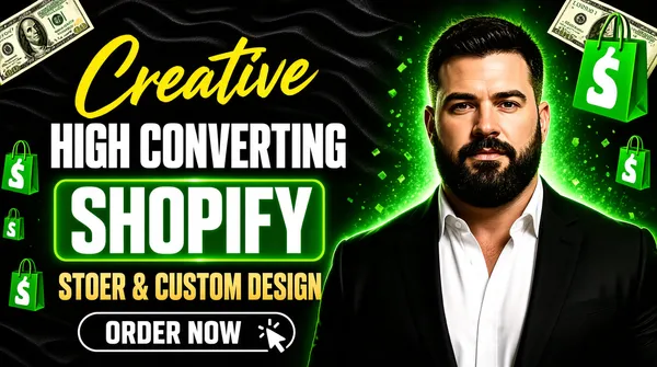[Format]
Professional Fiverr gig cover, landscape 16:9 banner, moody dark premium style with green glow accents and slab typography. No watermark, no personal names.

[Layout]
A black background textured with soft dark wave folds, like rippled fabric. US dollar bills float in the top-left and top-right corners, and small green Shopify shopping-bag icons drift across the left edge and bottom. A strong green glow blooms behind the subject on the right half. The left half is the headline stack; the subject occupies the right half and bleeds off the right edge.

[Subject]
Right half, chest-up: a white / Caucasian man with a heavy build, short dark hair and a full dark beard, wearing a black blazer over a white open-collar shirt, looking at the camera with a calm closed-mouth expression, rim-lit by the green glow.

[Headline]
Stacked on the left: "Creative" in a yellow flowing script; then "HIGH CONVERTING" in very heavy white condensed caps; then "SHOPIFY" in enormous white condensed caps set on a green rounded slab with a darker green border; then "STOER & CUSTOM DESIGN" in heavy gold caps on two lines. Below, a white outlined pill button with "ORDER NOW" in white caps and a small white cursor-click icon.

[Graphic accents]
Floating green Shopify bag icons at several sizes — large at top-right, small at mid-left and bottom-centre — plus the two photorealistic dollar bills at the top corners, and a fine sparkle of green dust in the glow behind the subject.

[Mood]
Dark, money-flavoured and premium; black ripple texture with green glow and gold type, a composed human presence on the right and commerce symbols floating throughout.