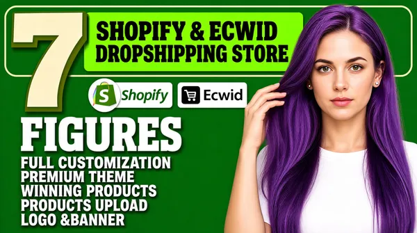 [Format]
Professional Fiverr gig cover, landscape 16:9 banner. Bold flat-green dropshipping style with oversized numeral type. No watermark, no personal names.

[Layout]
A flat medium-green full-bleed background. A giant cream numeral "7" with a thick olive-green drop shadow dominates the upper-left corner, sitting on a thin cream rounded-rectangle outline that also wraps a bright-green slab carrying the first headline lines. The lower left carries a stacked list; the subject occupies the right third and bleeds off the bottom and right edges.

[Subject]
Right third: a young white / Caucasian woman with long, straight violet-purple hair, one hand raised touching a strand of her hair, wearing a white top and small stud earrings, looking at the camera with a calm neutral expression. Even frontal light, sharp focus.

[Headline]
Across the top, inside the green slab: "SHOPIFY & ECWID" in heavy black serif caps on line 1 and "DROPSHIPPING STORE" in heavy black serif caps on line 2, both centred. Beneath the giant numeral, the word "FIGURES" in very heavy white caps. Down the left half, a stacked list in bold white serif caps, one item per line: "FULL CUSTOMIZATION", "PREMIUM THEME", "WINNING PRODUCTS", "PRODUCTS UPLOAD" and "LOGO &BANNER".

[Badges]
Between the headline slab and the list, a small row of two platform logos: the Shopify green shopping-bag mark set in a white circle with a rainbow ring, and the Ecwid mark — a black rounded square with a white shopping-cart glyph beside the word "Ecwid" in dark lowercase on a white plate.

[Mood]
Loud, offer-driven and results-focused; one saturated green with a giant cream numeral, serif headline slab and bold promise list anchoring the left.