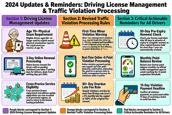 The infographic titled "2024 Updates & Reminders: Driving License Management & Traffic Violation Processing" presents key changes and essential reminders for drivers in 2024. The overall layout is a grid of twelve rectangular content blocks arranged in three columns and four rows, with each block featuring a distinct background color—purple, orange, or teal—to categorize information into three main sections. The top row contains overarching headers for each section, while the remaining three rows contain specific updates under those categories. The design uses flat, colorful illustrations to visually represent each topic, enhancing readability and engagement. At the bottom, a legend clarifies the color coding: - Purple blocks correspond to **Section 1: 2024 Driving License Management Updates**. - Orange blocks correspond to **Section 2: Revised Traffic Violation Processing Rules**. - Teal blocks correspond to **Section 3: Critical Actionable Reminders for All Drivers**. --- ### Section 1: 2024 Driving License Management Updates (Purple Blocks) This section outlines simplified procedures for private passenger vehicle drivers. 1. **Age 70+ Physical Exam Requirement** - *Text:* Eligible drivers aged 60+ no longer need to submit annual physical examination reports; the requirement now starts at age 70. - *Visual:* Illustration of an elderly woman holding a clipboard with a medical cross icon. 2. **3-Day Online Renewal Processing** - *Text:* Online license renewal (for drivers with no pending violations) now takes 3 working days for delivery, down from 7 working days pre-2024. - *Visual:* Computer monitor displaying a document and a delivery truck. 3. **Cross-Provice Service Eligibility** - *Text:* Cross-province license replacement and address update applications are now accepted in all provincial regions, no need to return to the license issuing jurisdiction. - *Visual:* A map with location pins connected by curved arrows, indicating movement between provinces. --- ### Section 2: Revised Traffic Violation Processing Rules (Orange Blocks) This section details updated rules for handling traffic violations. 1. **First-Time Minor Violation Warning** - *Text:* Minor non-endangerment violations (e.g., expired inspection sticker by <10 days, temporary parking violation in non-congested areas) now only carry a warning for first offenses, no point deductions or fines. - *Visual:* Traffic cone and yellow triangular warning sign with an exclamation mark. 2. **Real-Time Online <6 Point Violation Processing** - *Text:* Online violation payment portals now support real-time point deduction confirmation, eliminating the need for in-person visits to traffic management bureaus for violations under 6 points. - *Visual:* Smartphone screen showing a green checkmark and a downward arrow labeled "Points". 3. **90+ Day Overdue Late Fee Rule** - *Text:* Unpaid violations overdue by more than 90 days now incur a 3% monthly late fee, capped at 100% of the original fine amount. - *Visual:* Calendar with an upward arrow and stacks of coins growing in height. --- ### Section 3: Critical Actionable Reminders for All Drivers (Teal Blocks) This section provides essential reminders to avoid penalties and suspension. 1. **90-Day Pre-Expiry Renewal Check** - *Text:* Check your license expiration date 90 days in advance of expiry to complete renewal on time; expired licenses held for more than 1 year are automatically revoked. - *Visual:* Calendar with a clock overlay. 2. **Monthly Point Balance Review** - *Text:* Review your license point balance monthly via official traffic management apps to avoid reaching the 12-point suspension threshold. - *Visual:* Smartphone displaying a gauge chart and a bar graph with a dollar sign. 3. **15-Day Violation Payment Deadline** - *Text:* Confirm all violation payments are processed within 15 days of receiving a ticket to avoid late fees. - *Visual:* Hand holding a credit card. --- ### General Design Elements - **Title:** Bold, black sans-serif font at the top center. - **Color Scheme:** Vibrant pastel backgrounds (purple, orange, teal) with white or dark text for contrast. - **Illustrations:** Simple, cartoon-style characters and icons that directly relate to each topic (e.g., person holding ID, phone with alert, calendar). - **Typography:** Consistent use of bold headings and clear, readable body text. - **Structure:** Grid-based organization ensures logical flow and easy scanning across related topics. All textual content is preserved verbatim, including specific numbers like “3 working days”, “<10 days”, “3% monthly late fee”, “100% of the original fine amount”, “90 days”, “15 days”, and thresholds such as “12-point suspension”. The infographic serves as a comprehensive, user-friendly guide for drivers to stay compliant with 2024 regulations, emphasizing proactive measures, digital convenience, and financial responsibility.
