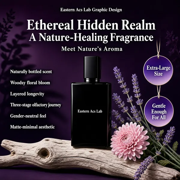 [Format]
Professional e-commerce product main image, square 1:1, moody botanical niche-fragrance style.

[Colors]
Dusky violet background in the #5a4470 range deepening toward the corners, black glass product, lavender and blush floral accents, cream and white type, two violet gradient medallions on the right; no frame border.

[Layout]
A small serif English byline sits top centre; the two-line headline crosses the upper third with a short sub-line; a six-line scent-note list runs down the left; the bottle holds centre-right on weathered driftwood; the two medallions hang on the right with lavender sprigs and a chrysanthemum weaving around the base.

[Subject]
Centre-right: a rectangular black glass perfume bottle with a tall black cap and a small white brand line on the front, resting on a piece of pale weathered driftwood; sprays of lavender and one soft pink chrysanthemum lean in from the right with soft shadows.

[Headline]
Byline: "Eastern Acs Lab Graphic Design" in small cream serif; headline: "Ethereal Hidden Realm" and "A Nature-Healing Fragrance" in bold white; sub-line "Meet Nature's Aroma"; the left list reads "Naturally bottled scent", "Woodsy floral bloom", "Layered longevity", "Three-stage olfactory journey", "Gender-neutral feel", "Matte-minimal aesthetic"; the right medallions read "Extra-Large Size" and "Gentle Enough For All".

[Mood]
Dark, poetic niche-perfume elegance; violet dusk with botanical shadows and quiet luxury.