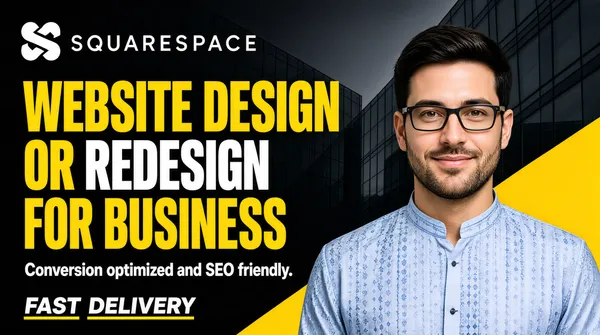 [Format]
Professional Fiverr gig cover, landscape 16:9 banner. Confident dark corporate style with yellow-and-white display type over an architectural ground. No watermark, no personal names.

[Layout]
A dark charcoal background built from a dimmed, desaturated photograph of modern glass buildings with faint diagonal mullion lines. A solid yellow angled wedge sweeps in from the right edge behind the subject. The left two-thirds carry the type stack; the subject occupies the lower right.

[Subject]
Lower right, cropped at the chest and overlapping the yellow wedge: a young white / Caucasian man with short dark hair, rectangular glasses and a light trimmed beard, wearing a pale blue patterned collared kurta-style shirt, smiling gently at the camera. Clean light on the face, background slightly darkened. No text or watermark on the subject.

[Headline]
Stacked on the left: at the top a lockup of the white Squarespace interlocking-S logo mark beside "SQUARESPACE" in white letterspaced caps. Then "WEBSITE DESIGN" in very heavy yellow caps; "OR REDESIGN" in very heavy caps with "OR" in yellow and "REDESIGN" in white; "FOR BUSINESS" in very heavy yellow caps. Beneath, a single line of bold white: "Conversion optimized and SEO friendly."

[Graphic accents]
Along the bottom-left, the words "FAST DELIVERY" in white italic caps, each word underlined by a yellow highlight bar. Centre-bottom, a row of four small white play-button triangles pointing right.

[Mood]
Serious, businesslike and conversion-focused; charcoal architecture ground with a yellow wedge, strong yellow-and-white type and an approachable portrait in the corner.