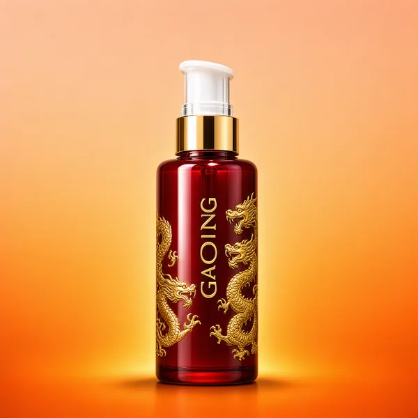 Crimson Dragon Serum Bottle on Golden Gradient