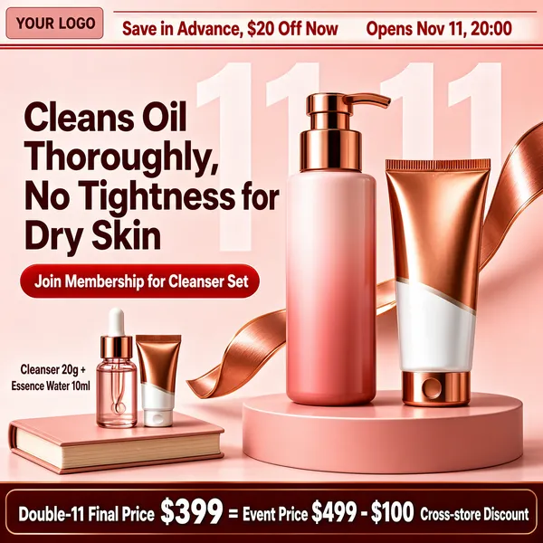 [Format]
Professional e-commerce product main image, square 1:1, chic Double-11 cleanser duo display in rosy copper tones.

[Colors]
Background soft rose pink (#f3d9d3) with translucent giant "11.11" numerals behind and a rose-gold ribbon arc, primary accent copper rose (#c97b6a), secondary pink podium and a deep maroon bottom bar, thin red top ticker lines.

[Layout]
Tall gradient pump bottle and a matching copper tube hero on the right podium; a mini serum bottle and small tube on a book-like block at lower-left; top carries logo and two ticker texts; left side stacks the two-line headline and a red pill; bottom bar shows an equation of prices.

[Subject]
A rose-gradient pump bottle with copper cap beside a metallic copper-to-white cleanser tube, plus a small glass dropper serum and mini tube, all sleek and glossy.

[Headline]
Top tickers: "Save in Advance, $20 Off Now" and "Opens Nov 11, 20:00". Headline: "Cleans Oil Thoroughly, No Tightness for Dry Skin". Red pill: "Join Membership for Cleanser Set". Small note: "Cleanser 20g + Essence Water 10ml". Bottom equation: "Double-11 Final Price $399 = Event Price $499 - $100 Cross-store Discount". Top-left "YOUR LOGO".

[Badges]
Logo chip, ticker lines, red pill, price equation bar.

[Mood]
Polished and enticing, a members-first beauty deal in soft metallic glow.