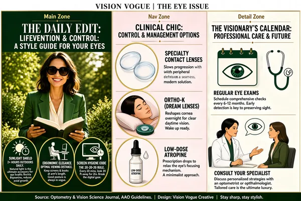 This infographic, titled "VISION VOGUE | THE EYE ISSUE," presents "MYOPIA PREVENTION & CONTROL: A STYLE GUIDE FOR YOUR EYES" in a magazine-style layout with a sophisticated, elegant design. The overall aesthetic features a dark green background with cream, pink, and gold accents, evoking a high-end fashion publication. The layout is divided into three main vertical zones labeled "Main Zone," "Nav Zone," and "Detail Zone," with the content arranged as if it were an open magazine spread. The leftmost section, under the "Main Zone" label, serves as the cover page. It prominently displays the title "THE DAILY EDIT: LIFESTYLE & HABITS" over a photograph of a smiling woman in sunglasses, wearing a green blazer and holding an open book outdoors in a sunlit park. This section contains three circular callout boxes with gold borders, each detailing a lifestyle habit: - **SUNLIGHT SHIELD**: "2+ HOURS OUTDOORS DAILY. Natural light is the ultimate accessory for eye health. Boosts dopamine, reduces axial growth." Accompanied by an icon of a sun with a clock. - **ERGONOMIC ELEGANCE**: "OPTIMAL VIEWING DISTANCE. Keep screens & books at arm’s length. Good posture is always in vogue." Includes an icon of a person sitting at a desk. - **SCREEN HYGIENE CODE**: "THE 20-20-20 RULE. Every 20 mins, look 20 ft away for 20 secs. Break the digital gaze." Features an icon showing a monitor with a timer pointing to a tree. The middle section, under the "Detail Zone" label, is titled "CLINICAL CHIC: CONTROL & MANAGEMENT OPTIONS" on a soft pink background. It presents three treatment options with accompanying images: - **SPECIALTY CONTACT LENSES**: Image shows two contact lenses, one magnified. Text: "Slows progression with peripheral defocus. A seamless, modern solution." - **ORTHO-K (DREAM LENSES)**: Image depicts a sleeping person with closed eyes and a contact lens case beside them. Text: "Reshapes cornea overnight for clear daytime vision. Wake up ready." - **LOW-DOSE ATROPINE**: Image shows a dropper bottle. Text: "Prescription drops to relax the eye’s focusing mechanism. A minimalist approach." The rightmost section, also under "Detail Zone," is titled "THE VISIONARY’S CALENDAR: PROFESSIONAL CARE & FUTURE" on a cream background. It includes two key recommendations: - **REGULAR EYE EXAMS**: Icon of a calendar with an eye symbol and a stethoscope. Text: "Schedule comprehensive checks every 6-12 months. Early detection is key to preserving sight." - **CONSULT YOUR SPECIALIST**: Icon of a doctor and patient with a speech bubble containing an eye. Text: "Discuss personalized strategies with an optometrist or ophthalmologist. Tailored care is the ultimate luxury." At the bottom of the infographic, a source line reads: "Source: Optometry & Vision Science Journal, AAO Guidelines. | Design: Vision Vogue Creative | Stay sharp, stay stylish." The infographic uses a consistent typographic hierarchy with bold, serif fonts for titles and clean sans-serif for body text. Visual elements are minimal yet impactful, using icons and high-quality imagery to support the textual information. The color palette—dark green, cream, pink, and gold—reinforces the "vogue" theme, blending medical advice with lifestyle elegance. All data points are explicitly stated, with no numerical values requiring inference beyond the specified time intervals (e.g., 2+ hours, 20 minutes, 20 feet, 20 seconds, 6-12 months).