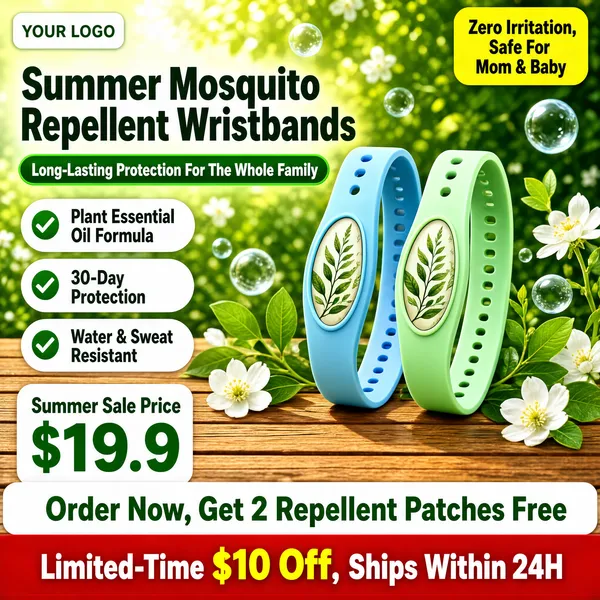 [Format]
Professional e-commerce product main image, square 1:1, fresh outdoor summer-gear promo in green nature light.

[Colors]
A blurred sunlit garden backdrop in soft greens (#8fc06f range), warm wood planks underfoot, mint-green and powder-blue wristbands, white headline and pill panels, a green price figure, a white bonus band and a red urgency banner along the bottom.

[Layout]
The headline block sits top-left with a green sub-pill beneath it; a yellow tag floats top-right; two wristbands stand upright centre-right on the planks; three check pills run down the left side; the bottom stacks the price block, a white band and a red banner.

[Subject]
No people. Two silicone mosquito-repellent wristbands standing upright on wooden planks, one light blue and one mint green, each with an oval locket window showing a leafy botanical print and an adjustable hole strap; soft white flowers, floating bubbles and leaf sprigs surround them.

[Headline]
"Summer Mosquito Repellent Wristbands" in heavy dark caps over two lines. Green pill: "Long-Lasting Protection For The Whole Family". White pills with green checks: "Plant Essential Oil Formula", "30-Day Protection" and "Water & Sweat Resistant". Bottom: small "Summer Sale Price" over a huge green "$19.9". White band: "Order Now, Get 2 Repellent Patches Free". Red banner: "Limited-Time $10 Off, Ships Within 24H" in white and yellow.

[Badges]
A yellow corner tag top-right reading "Zero Irritation, Safe For Mom & Baby"; a white placeholder pill "YOUR LOGO" top-left.

[Mood]
Fresh, family-safe and summery; green garden light with mint-and-blue product charm.
