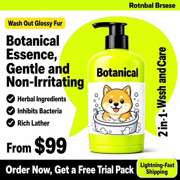 [Format]
Professional e-commerce product main image, square 1:1, bold color-pop promo for pet shampoo.

[Colors]
Clean white background with a huge lime-green speech-bubble shape behind the product, chartreuse bottle with black pump, black headline text, yellow tag accents, black bottom bar, green circular side text.

[Layout]
Brand strip across the top with brand name top right, small yellow tag upper left, two-line headline center-left, three checkmark rows below it, hero bottle center-right with vertical side text, price block bottom left and black offer bar across the bottom.

[Subject]
A bright chartreuse pet-shampoo bottle with a black lotion pump, white label band showing a cartoon shiba dog bathing in a tub, bold black brand lettering on the shoulder.

[Headline]
Yellow tag: "Wash Out Glossy Fur". Headline: "Botanical Essence, Gentle and Non-Irritating" in heavy black sans-serif. Checks: "Herbal Ingredients", "Inhibits Bacteria", "Rich Lather". Vertical side text: "2-in-1 Wash and Care". Bottom left: "From $99". Black bar: "Order Now, Get a Free Trial Pack". Round corner tag: "Lightning-Fast Shipping".

[Badges]
Yellow tag upper left; green corner tag bottom right; black free-gift bar.

[Mood]
Fresh, zesty and effective, a glossy-coat grooming essential.