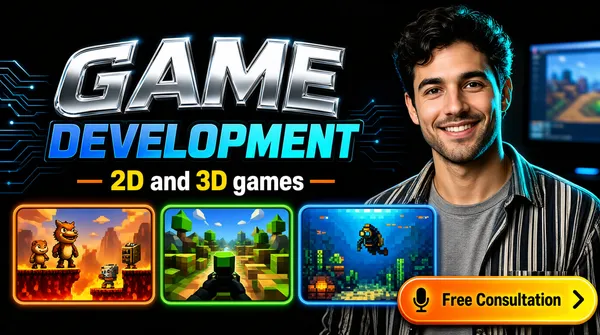 [Format]
Landscape 16:9 gig cover, glossy photo composite with a chrome display headline and glowing game-thumbnail cards over a dark studio backdrop. High-finish retail look. No watermark, no personal names.

[Layout]
The right ~40% holds a smiling man from the chest up against a dark blurred studio wall where a faint monitor screenshot glows behind his shoulder; a cool blue rim traces his outline. The left ~60% carries the headline stack across the top: a huge metallic-silver word, a blue-gradient word beneath it, then a small mixed-colour subline row flanked by short orange dash marks. Across the lower-middle of the frame, running in front of the man's torso and under the headline, three game-screenshot cards sit side by side, each edged with a thin glowing frame — orange, green and blue respectively — depicting three different game genres. The bottom-right corner, overlapping the man's chest, holds an orange-to-yellow pill button with a microphone icon. The background behind the type is near-black with faint blue circuit-like streaks.

[Subject]
A man in his late twenties with short dark wavy hair and light stubble, wearing an open striped shirt over a grey tee, chest-up, angled slightly toward the text, warm smile at camera, cyan rim light against the dark background.

[Headline]
"GAME" in enormous silver-chrome bevelled caps with a slight upward arc, about 20% of frame height and the largest element; "DEVELOPMENT" beneath in bold caps filled with a blue-to-cyan gradient and a dark outline; beneath that a subline: "2D" in yellow bold, "and" in white, "3D" in yellow bold, "games" in white, flanked by short orange dash marks on both sides.

[Badges]
Three glowing portfolio thumbnail cards: a cartoon lava-platformer scene with animals, a low-poly blocky first-person shooter field, and an underwater pixel-art scene with a diver; the orange pill button bottom-right reads "Free Consultation" in dark bold with a mic icon and a chevron.

[Mood]
Near-black and steel-blue base with silver, cyan and orange hot spots; arcade-showroom energy; at thumbnail size the chrome GAME and the three bright thumbnail cards pop against the dark.