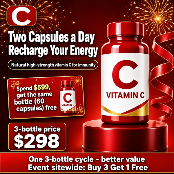 [Format]
Professional e-commerce product main image, square 1:1, festive red health-supplement promo with sparkling night accents.

[Colors]
Rich red gradient background (#c1272d range) with faint golden fireworks and a drifting red ribbon; glossy red supplement bottle with a white label; white and gold type. No frame border.

[Layout]
Logo pill top-left; the two-line title fills the upper-left over a thin outlined sub-pill; a gift card sits mid-left; the bottle stands tall on the right half; a price block and offer bar close the bottom.

[Subject]
No people. A glossy red pill bottle with a white wraparound label carrying a big "C" monogram and product name, standing on a red podium; a curled red ribbon drifts beside it and golden fireworks burst faintly in the upper corners.

[Headline]
Heavy white display on two lines: "Two Capsules a Day" over "Recharge Your Energy"; a thin outlined pill beneath: "Natural high-strength vitamin C for immunity"; the mid-left gift card reads "Spend $599, get the same bottle (60 capsules) free".

[Badges]
Bottom-left price block: "3-bottle price $298"; red bar text: "One 3-bottle cycle - better value" and "Event sitewide: Buy 3 Get 1 Free".

[Mood]
Festive, vital and persuasive; saturated reds with golden sparkle and strong, stacked promo blocks.