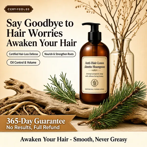 [Format]
Professional e-commerce product main image, square 1:1, herbal apothecary haircare style. Warm tan and amber tones with natural textures and refined type.

[Colors]
Background a soft latte-beige wall around #e8dcc8 fading to creamy light at the centre. Accent deep amber from the bottle, fresh green rosemary sprigs and dark brown type. No frame border.

[Layout]
A corner tag sits top-left. A two-line headline fills the upper left with three outlined benefit pills beneath. The shampoo bottle stands centre-right on a weathered wood branch, a glass vase of dry branches behind it and a pine sprig laid across the front. A tan ribbon crosses the bottom above a cream guarantee strip.

[Subject]
An amber-brown pump bottle of anti-hair-loss shampoo with a black pump head and a cream label carrying small serif text and a botanical seal, arranged with dried roots, driftwood and a rosemary sprig into a calm apothecary still life. No people.

[Headline]
Big brown characters: "Say Goodbye to Hair Worries" and "Awaken Your Hair". Outlined pills: "Certified Hair-Loss Defense", "Nourish & Strengthen Roots", "Oil Control & Volume". Left ribbon: "365-Day Guarantee" with "No Results, Full Refund". Bottom strip: "Awaken Your Hair - Smooth, Never Greasy".

[Mood]
Natural, herbal and trusted; warm apothecary light with botanical props and a calm remedy-led haircare pitch.