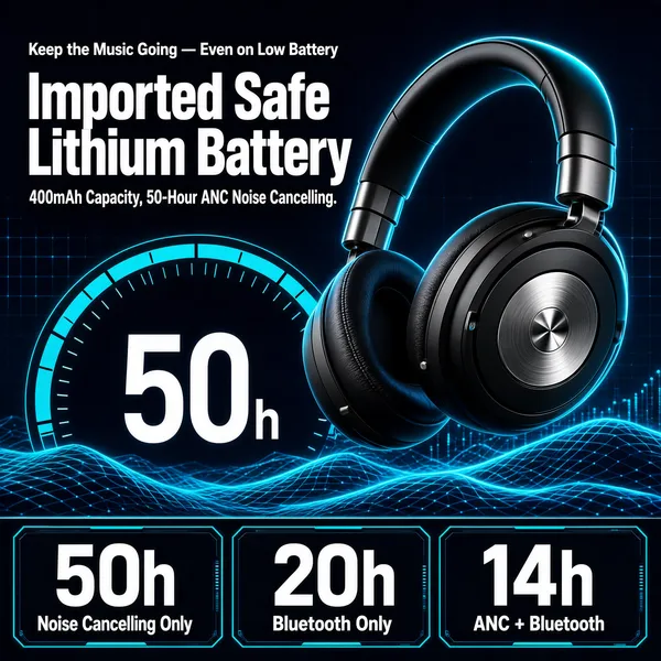 [Format]
Professional e-commerce product main image, square 1:1, dark tech-audio advertising style with a glowing data-grid backdrop and battery-life storytelling.

[Colors]
Deep navy background (#0d1b2e range) washed with a cyan glow and a luminous wave-mesh landscape across the lower half; primary accent electric cyan; matte black-and-gunmetal product; a dark footer bar with a cyan outline closes the bottom; No frame border.

[Layout]
Three lines of copy stack in the upper-left; a huge semicircular gauge dial sits lower-left behind the headphones; the headphones float large on the right, angled dynamically; the footer bar spans the bottom divided into three equal stat panels.

[Subject]
No people. A pair of over-ear wireless headphones in matte black with gunmetal sliders and hinges, plush dark ear cushions and a brushed circular driver plate with a metallic star-pattern centre, posed three-quarter with one cup facing the viewer; cyan light rims the headband edges.

[Headline]
Upper-left, small white line: "Keep the Music Going — Even on Low Battery"; then "Imported Safe Lithium Battery" in very heavy white caps; beneath it "400mAh Capacity, 50-Hour ANC Noise Cancelling." in lighter white text. The giant gauge reads "50" with a small "h" in white on the dial.

[Badges]
Footer bar in three cyan-outlined panels: "50h Noise Cancelling Only", "20h Bluetooth Only", "14h ANC + Bluetooth", each with the numeral huge in white and the label small beneath.

[Mood]
Sleek, powerful and endurance-focused; deep navy cyberglow with cyan data waves and hard numbers proving marathon battery life.