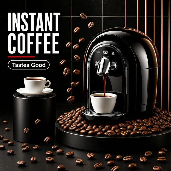 [Format]
Professional e-commerce product main image, square 1:1, dark premium appliance showroom style. A black marble stage with copper accents and cafe drama.

[Colors]
Background near-black tiled walls around #141414 with slim vertical copper rods and a matte black floor. Accent copper glints, warm espresso tones in the cup and clean white display type. No frame border.

[Layout]
The white two-line headline fills the upper left with a thin red rule and a small outlined pill beneath. The capsule machine stands on a round black plinth at centre-right, mid-brew into a white cup, roasted beans heaped around its base. A second white espresso cup sits on a taller black cylinder at the left. Loose beans float and roll across the scene.

[Subject]
A glossy black dome-shaped capsule coffee machine with a chrome spout and a curved control face, dark coffee streaming into a white cup on its drip tray; beside it a white cup and saucer on a black pedestal, scattered and suspended coffee beans catching copper light. No people.

[Headline]
Upper left: "INSTANT COFFEE" in tall white caps over a short red rule, with a small white outlined pill "Tastes Good" beneath.

[Mood]
Rich, cinematic and premium; black-on-black showroom with copper warmth and a quiet moment of brewing theatre.