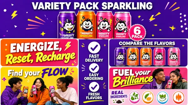 [Format]
Landscape 16:9 gig cover, colorful e-commerce infographic collage, punchy vector-graphic finish. No watermark, no personal names.

[Layout]
A large top hero panel shows a group of illustrated beverage cans. Below it, a 2x3 grid of infographic tiles in vivid purple, orange, and pink. A central vertical banner divides the lower tiles, listing service benefits with checkmarks. Lifestyle photos of young adults appear inside two lower tiles.

[Subject]
Top hero: a cluster of cartoon-branded beverage cans in purple, orange, and pink. Lower tiles show product lineup shots, lifestyle groups holding cans, a comparison chart, ingredient callouts, and flavor badges. All product labels use playful illustrated mascots.

[Headline]
Top tile reads "VARIETY PACK SPARKLING" in bold white sans on purple. Other tiles carry callouts like "ENERGIZE, Reset, Recharge," "Find your FLOW," "FUEL your Brilliance," and a comparison title.

[Badges]
Round white feature badges with checkmarks list benefits. A small pink seal notes pack size.

[Mood]
Vibrant purple, orange, pink, and yellow; fun, energetic, and designed for social-marketplace scroll-stopping.