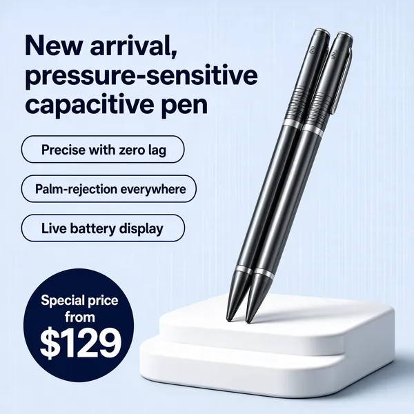 [Format]
Professional e-commerce product main image, square 1:1, sleek digital-accessory advertising style.
[Colors]
A pale blue-grey background #ccd9e4 with a white rounded two-step podium block; gunmetal-dark pens with polished barrel highlights; navy text; a deep navy circular price seal. No frame border.
[Layout]
Two pens stand nearly upright on the podium right of centre; the headline block occupies the upper left; three feature pills stack down the left; the round price seal sits at the lower left.
[Subject]
Two slim dark-grey capacitive stylus pens with conical tips, clip grooves and a silver band, crossed slightly as they lean against each other on the white rounded step podium, tips pointing to the lower left with soft reflections running down the barrels. Soft directional light with gentle shadows. No people.
[Headline]
Upper left, dark navy bold caps on two lines: "New arrival, pressure-sensitive capacitive pen"; beneath, three outlined rounded pills with navy text: "Precise with zero lag", "Palm-rejection everywhere" and "Live battery display".
[Badges]
Lower left, a deep navy circle with small white text "Special price" over a huge "from $129".
[Mood]
Minimal, precise and quietly premium; a cool grey-blue palette with elegant pen silhouettes and clean outlined spec pills.