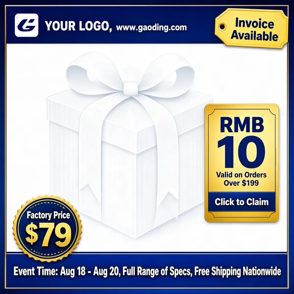 [Format]
Professional e-commerce product main image, square 1:1, blue-and-gold B2B template with a blank gift-box placeholder.

[Colors]
White panel with a deep blue gradient border frame, blue top bar, gold corner tag, ghosted white gift box at center, gold-and-blue coupon card right side, blue bottom banner, gold numerals.

[Layout]
Blue header strip with logo chip and web address, yellow invoice tag top right, faint semi-transparent gift box with a bow filling the middle, gold coupon card on the right, factory-price roundel bottom left, blue banner across the bottom.

[Subject]
A blank white gift box with a large ribbon bow, softly ghosted and semi-transparent, acting as a placeholder for any product.

[Headline]
Header: "YOUR LOGO, www.gaoding.com". Yellow tag: "Invoice Available". Coupon card: "RMB 10, Valid on Orders Over $199, Click to Claim". Bottom left roundel: "Factory Price $79". Blue banner: "Event Time: Aug 18 - Aug 20, Full Range of Specs, Free Shipping Nationwide".

[Badges]
Yellow invoice tag top right; gold coupon card; round factory-price seal bottom left.

[Mood]
Dependable, wholesale-practical and festive, a trade-deal template.