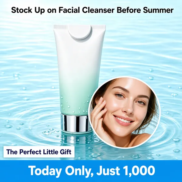 [Format]
Professional e-commerce product main image, square 1:1, Japanese-minimal skincare style with airy water imagery.

[Colors]
Background is a pale aqua-blue water surface (#bfe4f2) with gentle ripples and soft white light sheen; the tube graduates from white to mint green (#cfe8dd) with a slim silver collar; top copy is charcoal grey; the bottom band is sky blue (#7cc4e8) with white and navy type; the circular inset photo has a thin white rim. No frame border.

[Layout]
The tube stands tall and slightly left of centre; a circular model photo overlaps the tube's lower right; a single line of copy runs across the very top edge; a small white tag sits at the lower left, just above a full-width blue banner carrying the closing offer line.

[Subject]
A white-to-mint gradient squeeze tube of facial cleanser with a rounded flip cap and chrome collar ring, standing upright on the rippling water with a soft reflection and fine droplets around its base; to its right, a circular close-up of a smiling white / Caucasian woman with radiant bare skin, touching her cheek gently with fair-skinned fingertips.

[Headline]
Top line in clean dark grey sans-serif: "Stock Up on Facial Cleanser Before Summer". Lower-left white tag with navy text: "The Perfect Little Gift". Bottom blue band in bold white: "Today Only, Just 1,000".

[Mood]
Fresh, hydrated and gently persuasive; a cool summer-cleansing scene with weightless blue serenity.