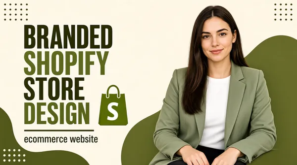 [Format]
Professional Fiverr gig cover, landscape 16:9 banner. Soft, earthy boutique-branding style on a warm cream ground. No watermark, no personal names.

[Layout]
A warm cream background with large organic olive-green blob shapes flowing in from the bottom-left corner and behind the subject on the right, plus small dot-grid clusters in the top-right and bottom-left corners. The left half holds the stacked headline; the subject occupies the right half.

[Subject]
Right side, waist-up and seated: a young white / Caucasian woman with long straight dark-brown hair, wearing a sage-green blazer over a white top, hands resting calmly, soft closed-lip smile, looking directly at the camera. Soft, even natural light. No text or watermark on the subject.

[Headline]
Stacked on the left in a condensed sans-serif with alternating olive tones: "BRANDED" in very dark olive caps; "SHOPIFY" in mid olive-green caps; "STORE" in very dark olive caps; "DESIGN" in mid olive-green caps with the olive-green Shopify shopping-bag logo set beside it. Beneath, a short olive underline rule and "ecommerce website" in small dark lowercase.

[Mood]
Calm, tasteful and boutique; warm cream with sage and olive tones, elegant condensed type and a poised human presence — refined rather than loud.
