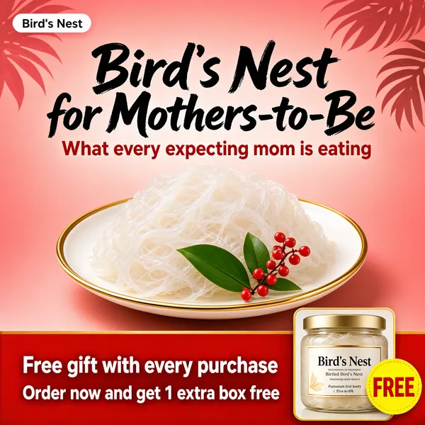 [Format]
Professional e-commerce product main image, square 1:1, warm maternal-nutrition promo with rosy glow.

[Colors]
Rosy pink gradient background (#f0a7a0 to #e88a86) with soft tropical leaf silhouettes at the top corners; white and red type; creamy bird's nest on a gold-rimmed plate. No frame border.

[Layout]
A small brand pill sits top-left; the big two-line title fills the upper third; the plated bird's nest holds the middle of the frame; a red gift bar with an inset gift photo occupies the bottom.

[Subject]
No people. A generous heap of white bird's nest strands piled on a round gold-rimmed plate, garnished with fresh green leaves and a sprig of red berries; a small inset photo at bottom right shows a jar of bottled bird's nest; soft glowing light.

[Headline]
Top: huge black brush-style display type "Bird's Nest for Mothers-to-Be"; below it a red line in medium weight: "What every expecting mom is eating".

[Badges]
A small white pill with red text at top-left as a brand mark; the bottom red banner reads "Free gift with every purchase" with a white sub-line "Order now and get 1 extra box free"; a yellow gift seal marked "FREE" sits on the inset photo.

[Mood]
Warm, caring and premium; rosy pink glow with maternal trust cues and appetizing purity.