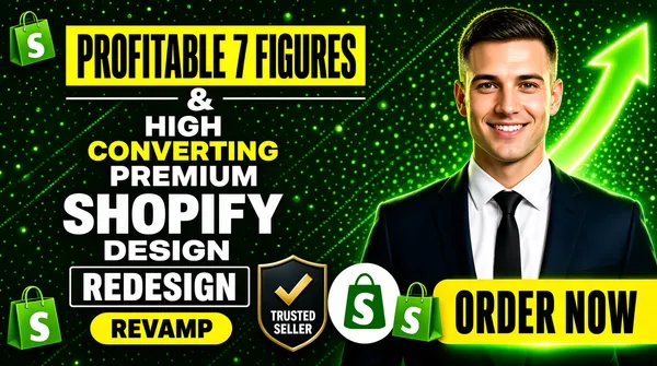 [Format]
Professional Fiverr gig cover, landscape 16:9 banner. Bold, results-driven e-commerce advertising style on dark green with glowing accents. No watermark, no personal names.

[Layout]
A deep green background textured with fine bokeh dots and faint diagonal pinstripes, brightening toward the right where a large glowing green upward arrow sweeps behind the subject. The left half is a stacked typography column with badge plates; the subject occupies the right third, cropped at the chest and bleeding off the right edge.

[Subject]
On the right: a confident young white / Caucasian man with very short hair, wearing a dark navy suit jacket, crisp white shirt and slim black tie, smiling warmly at the camera, waist-up. Clean studio light with a subtle green rim. No text or watermark on the subject.

[Headline]
Stacked on the left: "PROFITABLE 7 FIGURES" in heavy black condensed caps on a solid yellow slab; then a white "&" between thin white rules; then "HIGH CONVERTING PREMIUM" in heavy white caps with "CONVERTING" picked out in yellow; then "SHOPIFY" in very heavy white condensed caps; then "DESIGN" in heavy white caps; then "REDESIGN" in very heavy white condensed caps inside a white-outlined rectangle; then a yellow rounded pill with "REVAMP" in heavy black caps. At the lower right, overlapping the subject, a large solid yellow slab carries "ORDER NOW" in heavy black condensed caps with a green glow underneath.

[Badges]
Near the bottom centre, a white circle holding the green Shopify bag logo with a small 3D green Shopify bag icon floating beside it; to its left, a dark shield badge with a gold check mark and the stacked white text "TRUSTED SELLER". Small tilted 3D green Shopify bag icons also float at the top-left and bottom-left corners of the frame.

[Mood]
High-energy, revenue-led and trustworthy; dark green ground with yellow slabs, glowing arrow and a friendly suited presence on the right.