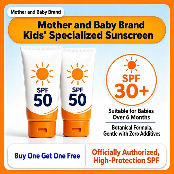 [Format] Professional e-commerce product main image, square 1:1, bright baby-care promo with soft studio lighting. [Colors] Background of pale powder blue (#cfe4f2) fading to white, thick warm-orange border frame around the whole canvas, primary accents of glossy white tubes with orange caps and orange headline accents (#f28c1e). [Layout] A white brand chip sits top left; a rounded orange banner strip near the top carries brand and product name; two white sunscreen tubes stand center-left at a slight angle; a circular SPF badge floats mid-right above two lines of dark claim text; a white rounded bar across the bottom holds the offer split into two halves. [Subject] Two squeeze tubes of sunscreen with ridged white caps, orange bases and sun-logo labels marked SPF 50, standing upright with a soft shadow. [Headline] Orange banner reads 'Mother and Baby Brand' plus 'Kids' Specialized Sunscreen' in dark navy bold; right side shows 'SPF 30+' in orange with a sun icon, a small note 'Suitable for Babies Over 6 Months', then 'Botanical Formula, Gentle with Zero Additives' in charcoal. [Badges] Bottom bar left half: 'Buy One Get One Free' in blue inside a white pill; right half: 'Officially Authorized, High-Protection SPF' in orange text. [Mood] Gentle, safe and sunny, reassuring parents at first glance.