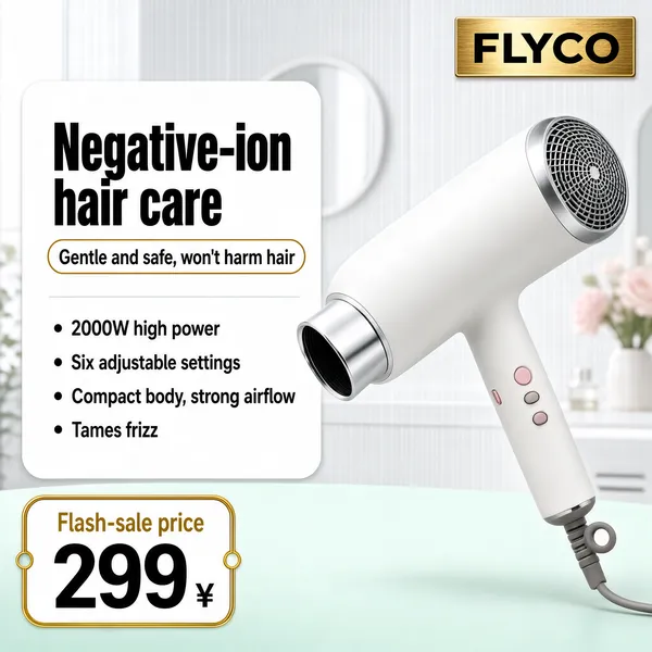 [Format]
Professional e-commerce product main image, square 1:1, clean tech-beauty promo style with a white hair-dryer hero over a cool mint-grey interior.

[Colors]
Pale grey-white background with a soft blurred vanity room and a mint tint at the bottom; the dryer supplies matte white with silver; dark charcoal display type on a white card; a gold logo plate and a gold-outlined price tag.

[Layout]
Top-right: a gold plate with the brand wordmark. Left: a large white rounded card holding the title, a gold-outlined pill and four bullet lines. Right: the dryer angled diagonally with the air intake facing up-right and the handle dropping toward the lower right. Bottom-left: a gold-outlined price tag.

[Subject]
A compact matte-white hair dryer with a silver mesh air-intake grille, slim cylindrical barrel and pale pink accent button on the handle, angled upward at forty-five degrees, clean studio product lighting with soft shadows over the blurred boudoir backdrop. No people.

[Headline]
Gold plate: "FLYCO" in bold dark caps. White card title: "Negative-ion hair care" in very heavy charcoal caps; gold-outlined pill: "Gentle and safe, won't harm hair" in charcoal. Four bullets with small dots: "2000W high power", "Six adjustable settings", "Compact body, strong airflow" and "Tames frizz". Price tag: "Flash-sale price" stacked in small gold text beside a huge charcoal "299" with a small currency mark.

[Badges]
The gold brand plate and price tag.

[Mood]
Crisp, modern and care-led; airy mint-grey lightness with confident charcoal type and gold retail accents.