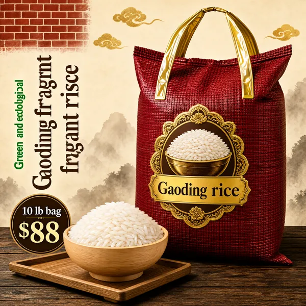 [Format]
Professional e-commerce product main image, square 1:1, hearty premium rice-brand style.
[Colors]
A warm beige ink-wash background with a red brick-pattern block at the top left and gold cloud motifs; a deep red woven bag with gold handles; a rustic wood table; brown type. No frame border.
[Layout]
A vertical headline column on the left with a round price seal beneath it; the red rice bag stands centre-right; a wooden bowl heaped with white rice sits on a slim tray at the bag's lower left.
[Subject]
A large deep-red woven rice sack with gold plastic carry handles and an ornate label medallion showing a bowl of rice above a gold brand banner, standing on a dark wood table; a light wooden bowl filled with glossy white long-grain rice rests on a slim wooden tray beside it. No people.
[Headline]
Left, large vertical brown display text: "Gaoding fragrant rice"; a small vertical green tag beside it: "Green and ecological"; below, a dark round seal reading "10 lb bag" small over a huge "$88".
[Badges]
No badges; the ornate brand medallion on the sack acts as the trust mark.
[Mood]
Wholesome, abundant and premium-rustic; red-and-gold festive packaging over warm wood, appetite appeal.