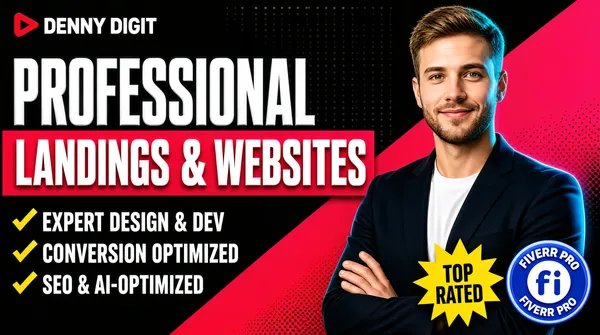 [Format]
Professional Fiverr gig cover, landscape 16:9 banner, dark premium agency advertising style with red-pink diagonal accents and glossy 3D type. High-contrast, modern and conversion-focused. No watermark, no personal names.

[Layout]
A near-black background with a subtle dot grid and faint diagonal halftone texture. A bold red-pink diagonal slab cuts from the upper right to the lower left, separating the left type column from the right portrait. The top-left corner carries a small logo lockup.

[Subject]
On the right, overlapping the red diagonal: a confident young white / Caucasian man with short light-brown hair and a light beard, wearing a dark navy blazer over a white t-shirt, arms folded, waist-up, smiling calmly at the camera. Cool rim light separates him from the dark ground. No text or watermark on the subject.

[Headline]
Top left: a small logo mark with a red play/greater-than icon and "DENNY DIGIT" in white caps. Below, stacked in three lines of very heavy white condensed caps: "PROFESSIONAL", then "LANDINGS & WEBSITES" in white on a solid red-pink rectangular slab. Under that, three yellow checkmark bullets in white text: "EXPERT DESIGN & DEV", "CONVERSION OPTIMIZED", "SEO & AI-OPTIMIZED".

[Badges]
Bottom right: a yellow starburst badge with "TOP RATED" in black caps; and a blue circular "FIVERR PRO" badge with the white Fiverr "fi" mark and "FIVERR PRO" repeated around the edge.

[Mood]
Premium, confident and agency-grade; black ground with red-pink slab and white condensed type, human presence adding trust on the right.
