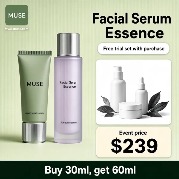 [Format]
Professional e-commerce product main image, square 1:1, minimal sage-green skincare style with a clean studio feel.

[Colors]
Background a soft sage-to-cream green (#dfe7d2 range), muted green tube and lilac-silver bottle, black, white and green type; No frame border.

[Layout]
A green logo chip with a small URL line top-left; the headline top-right; a white claim pill beneath it; a white photo card in the lower-right corner; a cream price block at bottom-right and a dark claim bar along the bottom.

[Subject]
No people. A sage-green cosmetic tube with a ribbed silver cap and a tall frosted lilac bottle with a brushed silver cap standing upright left of centre; inside the white card, a monochrome still-life of white bottles and jars with green leaves.

[Headline]
Big black characters: "Facial Serum Essence". White pill, dark text: "Free trial set with purchase". Dark bottom bar, white bold: "Buy 30ml, get 60ml". Cream block: "Event price" small, "$239" huge black.

[Badges]
Top-left a rounded green square badge with tiny white lettering and a small web address beneath.

[Mood]
Fresh, understated and gift-ready; pale green calm with tidy product styling.