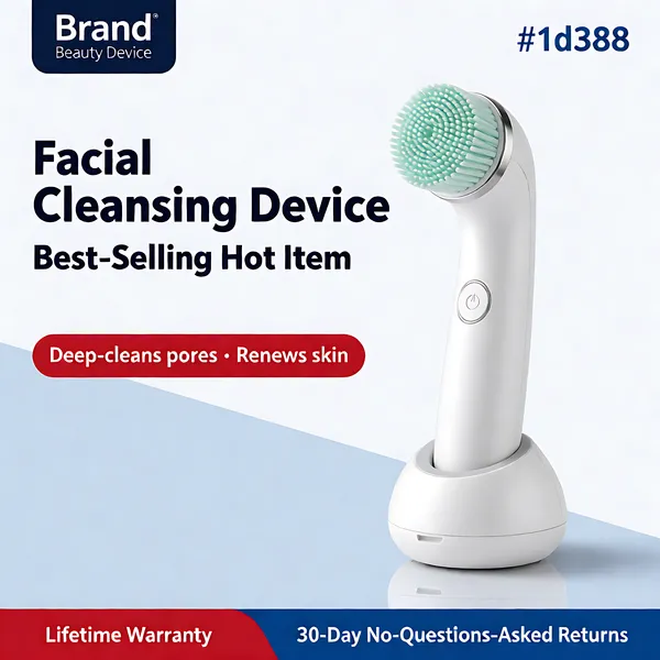 [Format]
Professional e-commerce product main image, square 1:1, clean clinical beauty-device style in white and blue.

[Colors]
White #f7f9fb background with a light blue diagonal panel sweeping the lower left; navy #1d3b8f and blue accents; a red claim banner and red/blue footer bands; no frame border.

[Layout]
A brand chip at the top-left; the headline stack running down the left side; the device standing on the right half; a red banner mid-left; two full-width bands along the bottom edge.

[Subject]
A white handheld sonic facial cleansing brush with a mint-green bristle head, a single round power button and a curved ergonomic body, resting upright in its round white charging stand, glossy product photography with a soft reflection beneath.

[Headline]
Top-left navy chip: "Brand" over "Beauty Device". Left stack: "Facial Cleansing Device" then "Best-Selling Hot Item" in very heavy navy caps; a red rounded banner "Deep-cleans pores · Renews skin" in white; below, "Create beautiful skin" in navy. Bottom: a red band "Lifetime Warranty" in white caps beside a blue band "30-Day No-Questions-Asked Returns" in white.

[Mood]
Trustworthy, clinical and sale-ready; crisp white-blue palette with red urgency bands and a spotless product hero.