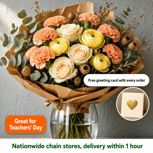 Peach & Cream Flower Bouquet with Free Card