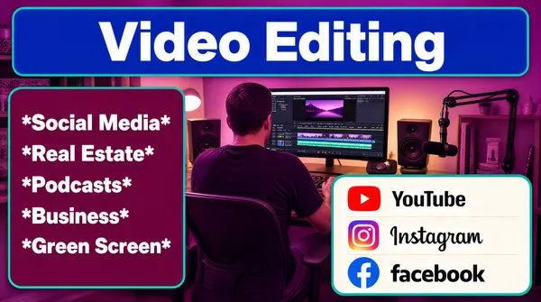[Format]
Landscape 16:9 gig cover, flat translucent info-panels laid over a tinted studio photograph — an uncluttered informational layout. Simple rounded-rectangle UI finish. No watermark, no personal names.

[Layout]
The background is a photograph of a home studio — a person seen from behind at a desk with a monitor showing an editing timeline, speakers and a microphone — washed entirely in a magenta-purple overlay. On top sit three flat panels: (1) a full-width royal-blue rounded rectangle at the top carrying the main headline, inset from the top edge; (2) a deep-magenta rounded rectangle with a teal outline on the middle-left, containing a five-item service list, one item per line; (3) a pale off-white rounded rectangle with a thin teal outline at the lower-right, containing three stacked platform rows, each an icon beside a word. The right middle ground keeps the desk photo visible between panels.

[Subject]
None in cut-out form — a single editor figure appears only inside the background photograph, seen from behind at the desk.

[Headline]
(1) In the blue top band: "Video Editing" in huge white extra-bold title case spanning the band. (2) In the magenta list panel, white bold sans, each line wrapped in asterisks: "*Social Media*", "*Real Estate*", "*Podcasts*", "*Business*", "*Green Screen*".

[Badges]
In the pale lower-right panel, three platform rows: the YouTube mark, a red rounded-rectangle play-button tile, beside the bold word "YouTube"; the Instagram mark, a gradient camera-app square, beside the script word "Instagram"; and the Facebook mark, a blue circular letter-mark tile, beside the lowercase word "facebook".

[Mood]
Magenta-purple wash over a warm studio with royal-blue and teal panel accents — casual, informational, friendly. At thumbnail size the blue headline band and the white platform panel stand out against the purple.