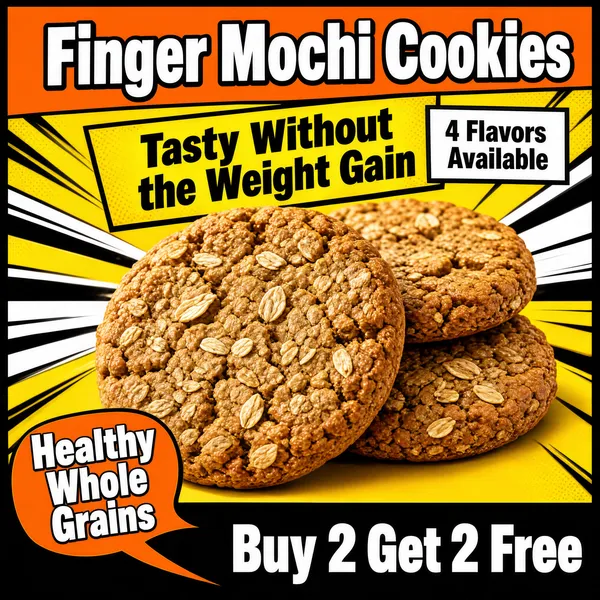 [Format]
Professional e-commerce product main image, square 1:1, punchy comic-book snack advertising style with radiating speed lines.

[Colors]
A bright yellow comic burst background with black and white radiating line panels, orange headline banners, a black bottom band; the oat cookies bring warm golden-brown tones. Thin black comic framing around the edges.

[Layout]
Top banner: an orange ribbon strip with the product name. Below it a tilted yellow slab with the taste claim and a small white box with the flavour count. Centre: a cluster of cookies shot close-up. Bottom-left: an orange speech-bubble badge with a tail. Bottom-right: the deal line in white on a black bar.

[Subject]
Three thick, rustic whole-grain oat cookies stacked in the centre, coarse cracked surfaces with visible oat flakes, close-up macro texture, appetizing warm light.

[Headline]
Top orange banner: "Finger Mochi Cookies" in heavy white comic lettering. Tilted yellow slab: "Tasty Without the Weight Gain" in bold black caps; beside it a small white box with "4 Flavors Available" in black. Bottom-left orange bubble: "Healthy Whole Grains" in white stacked lines. Bottom-right black bar: "Buy 2 Get 2 Free" in big white characters.

[Badges]
No logo badges; the comic speech bubble and black deal bar carry all claims.

[Mood]
Loud, playful and cartoonish; manga-style energy with yellow-black contrast, built to stop the scroll at thumbnail size.