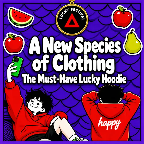 [Format]
Professional e-commerce product main image, square 1:1, playful streetwear illustration style with cartoon characters and floating sticker props.

[Colors]
A saturated violet-purple ground covered in a repeating darker wave-scale pattern (#7a3fd1 range); accents in cherry-red hoodies, white type and a gold-rimmed medal. Purple frame edge.

[Layout]
A gold-rimmed circular medal badge hangs top-centre with a small red triangle logo inside; the two-line headline sits mid-frame in a chunky rounded white font; two cartoon characters occupy the bottom corners — one lying back taking a selfie, one seen from behind; watermelon, apple and pear stickers float around the edges.

[Subject]
Two cartoon illustrated white / Caucasian kids with black hair wearing oversized cherry-red hoodies; the left one reclines holding up a green phone for a selfie with a cheeky smile; the right one faces away with hands behind the head and "happy" written in white script on the hood. Flat vector style with thick outlines.

[Headline]
"A New Species of Clothing" in huge rounded white caps, then "The Must-Have Lucky Hoodie" in white beneath, both centred. The medal carries a small festival wordmark around its triangle mark.

[Mood]
Young, meme-flavoured festival energy; loud purple with cute sticker chaos.
