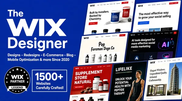 [Format]
Professional Fiverr gig cover, landscape 16:9 banner. Clean corporate portfolio style on a flat blue ground. No watermark, no personal names.

[Layout]
A flat royal-blue full-bleed background. The left 45% is a typography block with the trust marks beneath it; the right 55% is filled edge-to-edge with a tight tilted grid of website screenshot cards that runs off the top, right and bottom edges.

[Subject]
No people. The frame is a pure product portfolio composition.

[Headline]
Left column: the word "The" in a light white sans-serif, then "WIX" enormous in a heavy white grotesque with the characteristic angled W, then "Designer" in a light white sans-serif at roughly half the size. Beneath, a supporting line in white: "Designs - Redesigns - E-Commerce - Blog -" on one line and "Mobile Optimization & more Since 2020" on the next.

[Badges]
Lower left: a black circular seal with a ring of small white stars around its top edge, containing "WIX" in white above "PARTNER" with "LEGEND" in a small white band beneath. To its right, a thin white outlined rectangle containing "1500+" in very large white bold beside the two stacked white lines "Websites" and "Carefully Crafted!".

[Devices]
The right side is a diagonal cascade of tilted website screenshot cards, each showing a different live site. Visible screens include: a white paint-and-coatings site with red accents and the headline "Built by Installers. Backed by Chemistry." alongside product shots of two red-labelled tubs; a clean white site with a blue button and the headline "The most effective way to grow your social selling"; a dark site with the headline "AI tools designed for more effective social media marketing"; a "Pop Foreman Dsgn Co" page with a central logo, small button and a grid of sticker-style product illustrations including a hand and a flame graphic; a red "SUPPLEMENT STORE" site with a bold red banner and the word "NATURAL"; a dark "LIFELIKE" site with the headline "UNLOCK YOUR POTENTIAL HEALTH WITH PEPTIDE THERAPY" next to a photograph of an athlete; and a light architectural site with a tall tower photograph and the headline "Elegant Windows, Unparalleled Quality, Artisanal Craftsmanship.". More cards are clipped at the right edge.

[Mood]
Professional, credential-led and reassuring; one flat confident blue with a dense, high-quality portfolio wall.