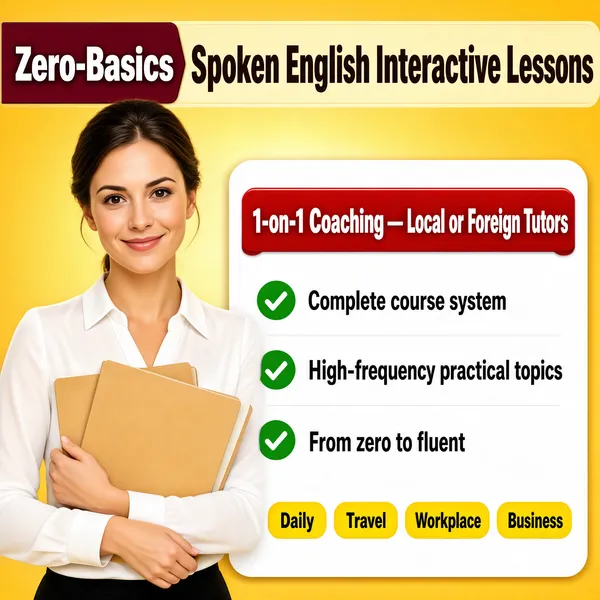 [Format]
Professional e-commerce product main image, square 1:1, warm education-course promo style with a friendly tutor portrait.

[Colors]
Background is a soft golden-yellow gradient brightening at the center (#f9d276 range). Headline dark brown and white on maroon, card white with green checks, tags yellow. No frame border.

[Layout]
Top: a dark ribbon-style headline strip. Left: the tutor, waist-up, overlapping a white rounded panel on the right that carries the course points and four yellow tag pills.

[Subject]
Left: a white / Caucasian woman with dark hair pulled back neatly, a warm closed-lip smile, wearing a crisp white blouse, hugging two manila folders against her chest, cropped at the waist, soft golden studio light.

[Headline]
Top strip: "Zero-Basics" in white on a maroon tag followed by "Spoken English Interactive Lessons" in heavy dark-brown caps. The white panel is headed by a red banner "1-on-1 Coaching — Local or Foreign Tutors", then three green check rows: "Complete course system", "High-frequency practical topics", "From zero to fluent". Four yellow tags: "Daily", "Travel", "Workplace", "Business".

[Mood]
Encouraging, professional and approachable; honey-gold warmth with clean checklist clarity.
