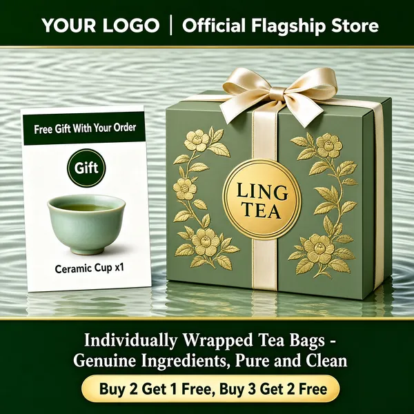 [Format]
Professional e-commerce product main image, square 1:1, elegant botanical tea-gift style pairing a sage-green gift box with calm water scenery.

[Colors]
The background is a pale silken water surface in soft grey-green (#d4ddd4) with gentle ripples; the gift box is muted sage green (#a8b89a) with gold floral foil; the ribbon is champagne gold; the top banner is deep forest green (#2e5c3a) with white type; the left gift card is white with a green header; the bottom band is dark green with cream type. No frame border.

[Layout]
A full-width dark green banner runs along the top with the store lockup; the white gift card stands on the left edge; the square gift box sits centre-right tied with a gold bow; a slim gold frame edge accents the mid-ground; the bottom quarter stacks a cream claim line and a gold discount pill on the dark green band.

[Subject]
No people. A square sage-green gift box wrapped in cream satin ribbon tied into a neat bow on top, its faces embossed with delicate gold camellia blossoms and foliage around a circular gold emblem reading "LING TEA"; beside it on the left, a white card shows a small celadon ceramic cup labelled "Ceramic Cup x1" with a round green "Gift" seal above it.

[Headline]
Top banner: "YOUR LOGO | Official Flagship Store". Left card header in green: "Free Gift With Your Order". Bottom band, cream serif lettering: "Individually Wrapped Tea Bags - Genuine Ingredients, Pure and Clean". Below it a gold pill with dark text: "Buy 2 Get 1 Free, Buy 3 Get 2 Free".

[Badges]
The round green "Gift" seal on the white card is the only badge.

[Mood]
Serene, refined and giftable; muted green and gold over quiet water, promising clean quality tea.