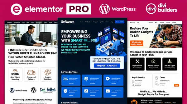 [Format]
Professional Fiverr gig cover, landscape 16:9 banner, flat saturated showcase style built from brand logos and website screenshots. No watermark, no personal names.

[Layout]
A flat magenta-pink full-bleed ground. Across the top, a headline row of white brand logos; the rest of the frame is filled with three large overlapping website screenshot panels — one on the left, one central and upright, one on the right — each running off the bottom edge.

[Subject]
No people as cover subjects. The screenshots contain small photographic figures — office workers, IT-support staff and a technician repairing a device — but the frame is a pure product composition.

[Headline]
Top-centre: the white Elementor circular "E" logo beside "elementor" in large white lowercase, then a white slab with "PRO" in dark magenta caps, then the WordPress roundel in white outline. Top-right: the "divi builders" wordmark in white with the Divi circular mark. No other display type — the screenshots carry all remaining text.

[Devices]
Left panel: a staffing-site screenshot with a photographic hero of an office worker at a monitor, the headline "FINDING BEST RESOURCES WITHIN GIVEN TURNAROUND TIME", a row of small platform logos, the line "Hire Faster, Smarter, Global.", stat cards reading "3500+", "Best Talent Sourcing", "Connected Delivery" and "Project Solutions", and the paragraph "Outsourcing and outstanding solutions for sustainable business growth." Centre panel: a dark navy IT-services page branded "Softweek" with the headline "EMPOWERING YOUR BUSINESS WITH SMART ... FOR", an isometric illustration of a character at a computer with floating UI cards, the lines "MORE THAN 20+ YEARS WE PROIDE THE BEST SOLUTIONS" and "WE PROIDE THE BEST SERVICES FOR IT SOLUTION", and a grid of blue service cards with a "REQUEST A QUOTE" tile. Right panel: a light gadget-repair site reading "Restore Your Broken Gadgets To Life" with an orange "20-Minute" badge, a photograph of a technician in a plaid shirt, black service tiles reading "Quality Service", "Professional Team" and "20+ Year Expert", the block "Welcome To Gadgets Repair Service Center In Your Town" with orange "Repair Service" and "Product Service" rows, the phrase "We Fix It ... We Make It ..." and the footer line "Gadget Repair For Everyone".

[Mood]
Showcase-style and tool-proud; one flat magenta field with white builder logos above a dense, colourful wall of live-looking client pages.