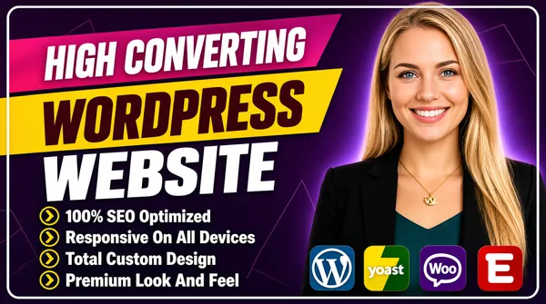 [Format]
Professional Fiverr gig cover, landscape 16:9 banner. Bold dark-purple commercial advertising style with angled magazine banners. Rich, high-contrast and premium. No watermark, no personal names.

[Layout]
A deep aubergine-purple ground with a soft violet glow behind the subject, framed by a thin white rounded border inset slightly from the edges. The left two-thirds carry the banner headline and a bullet list; the subject occupies the right two-fifths and bleeds off the right edge.

[Subject]
Right side, cropped at the chest: a young white / Caucasian woman with long straight blonde hair, a bright warm smile, wearing a black tailored blazer over a deep-teal top with a fine gold pendant necklace. Clean studio light, sharp focus, looking straight at the camera.

[Headline]
Stacked on the left: "HIGH CONVERTING" in bold white caps set inside a magenta-to-pink angled banner slab; then "WORDPRESS" in very heavy dark-maroon condensed caps set inside a bright yellow angled banner slab; then "WEBSITE" in very heavy white caps below on the purple ground.

[Badges]
Below the headline, four left-aligned lines each led by a small yellow circle-arrow icon with bold white caps: "100% SEO Optimized", "Responsive On All Devices", "Total Custom Design" and "Premium Look And Feel".

[Graphic accents]
A small row of four app icons at the lower right - the blue WordPress circle, the green-and-yellow Yoast mark, the purple WooCommerce mark and the red Elementor mark - plus faint geometric outlines ghosted into the purple ground.

[Mood]
Premium, credible and confident; deep aubergine with magenta and yellow banner slabs, crisp white type and a trusted human presence on the right.
