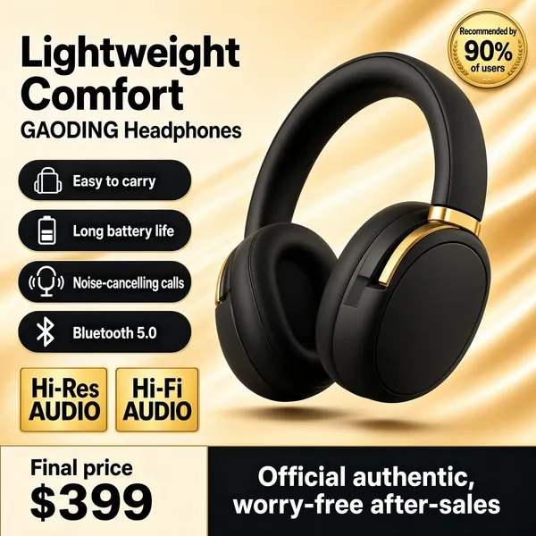 [Format]
Professional e-commerce product main image, square 1:1, premium audio promo with a champagne-gold flowing backdrop and matte black over-ear headphones.

[Colors]
Background a warm cream-to-gold gradient (#f0e2c8 to #d8c090) with silky light streaks. Feature pills in dark charcoal with white text and thin icons. Product matte black. Gold medal badge. No frame border.

[Layout]
The top-left carries the heavy dark title with a small gold seal badge at the top-right. The left column stacks four dark feature pills and then two gold audio tiles. The right two-thirds belong to the large headphones at a three-quarter angle. The bottom band splits into a cream price block on the left and a dark banner on the right.

[Subject]
No people. Large black over-ear wireless headphones with cushioned earcups, a padded headband and subtle gold hinge accents, floating at a dynamic tilt with soft shadows; the name "GAODING Headphones" is set beside the main title.

[Headline]
Top: "Lightweight Comfort" in very heavy dark characters. Dark pills with line icons: "Easy to carry", "Long battery life", "Noise-cancelling calls", "Bluetooth 5.0". Gold tiles: "Hi-Res AUDIO" and "Hi-Fi AUDIO". Top-right gold seal: "Recommended by 90% of users". Bottom: "Final price $399" on the left; dark banner "Official authentic, worry-free after-sales" on the right.

[Mood]
Warm, premium and tech-confident; golden silk light with matte black hardware, flagship-product polish.